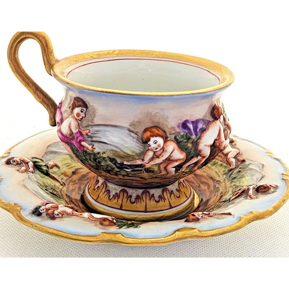 CUP & SAUCER-VON SCHIERHOLZ-CAPRI-3D Embossed-Cherubs-Unique Set-Gold Trim - Picture 14 of 16